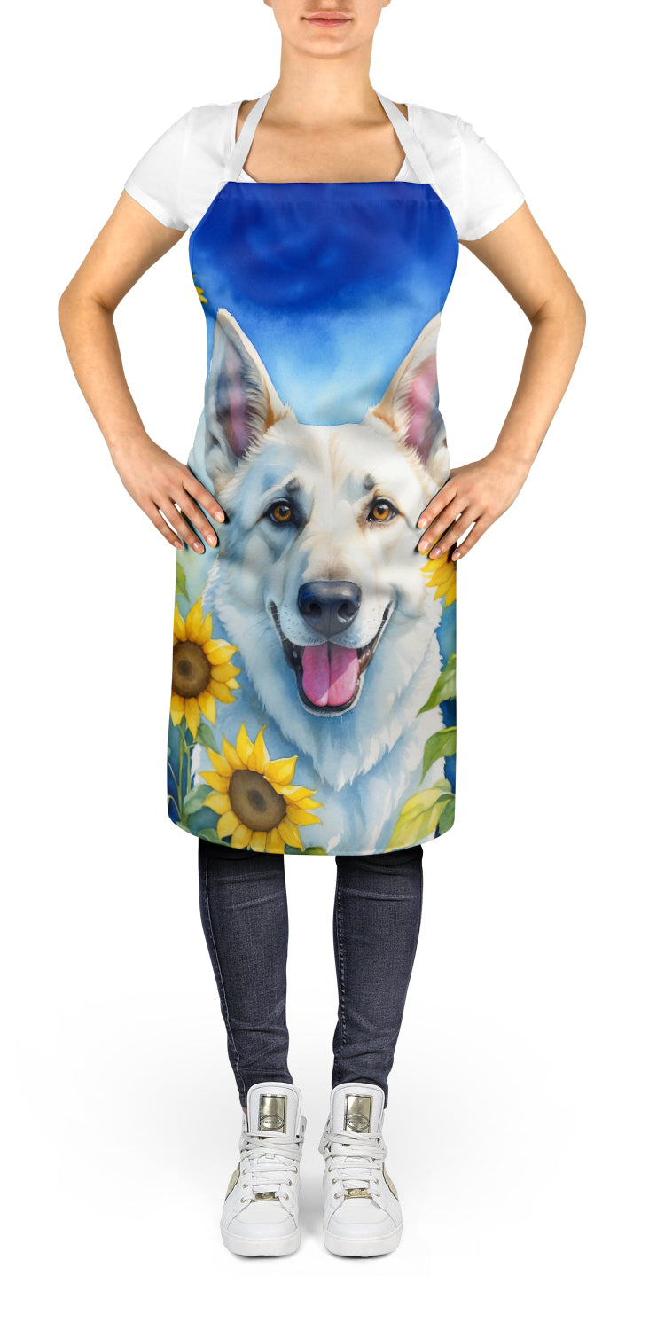 White German Shepherd in Sunflowers Apron