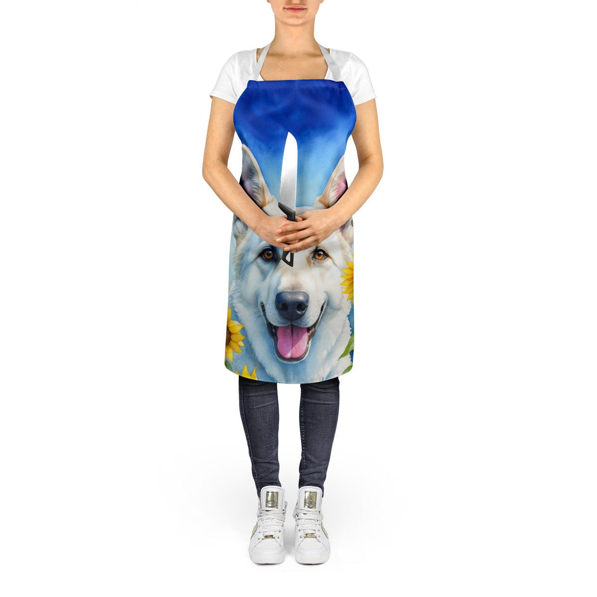 White German Shepherd in Sunflowers Apron