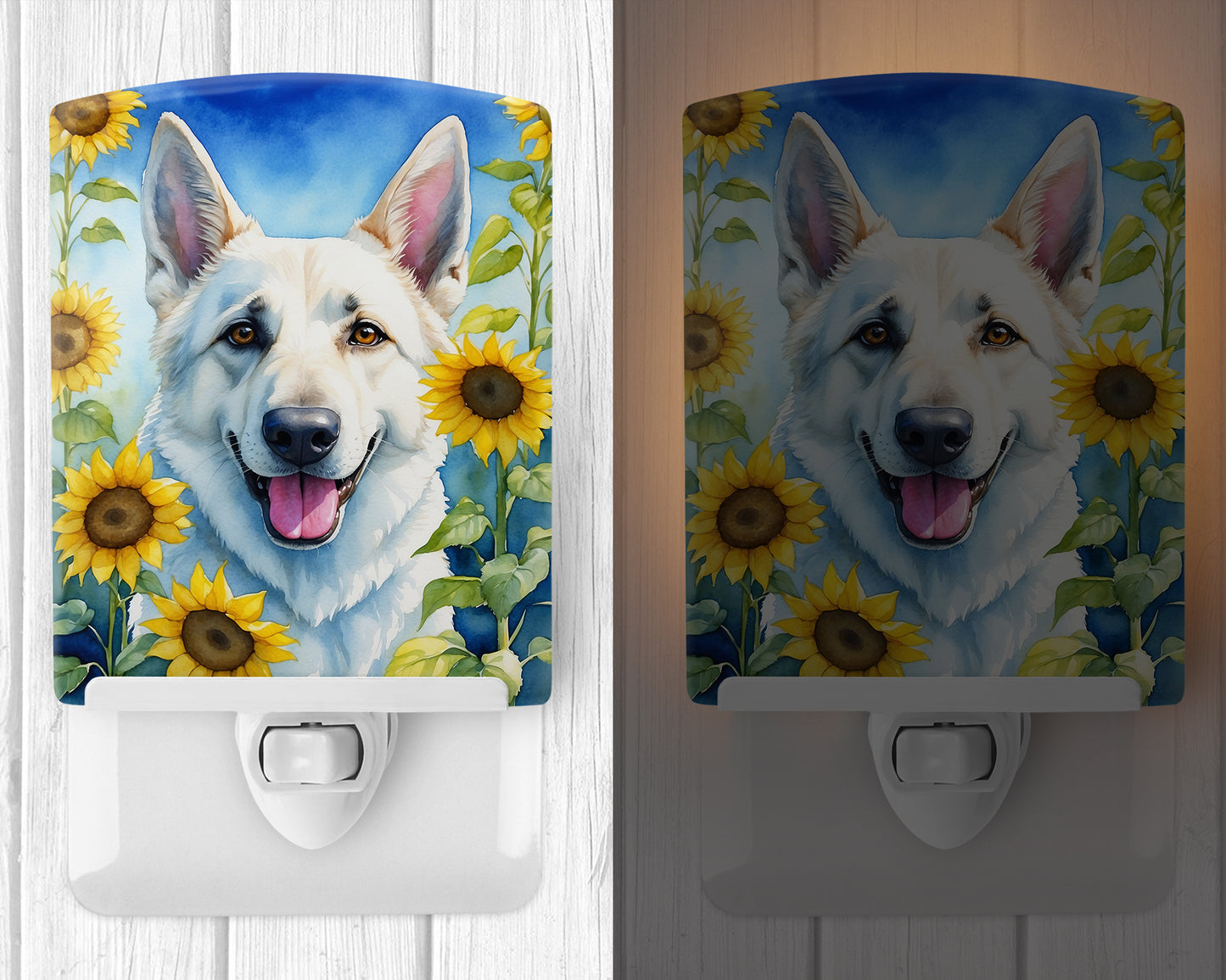 White German Shepherd in Sunflowers Ceramic Night Light