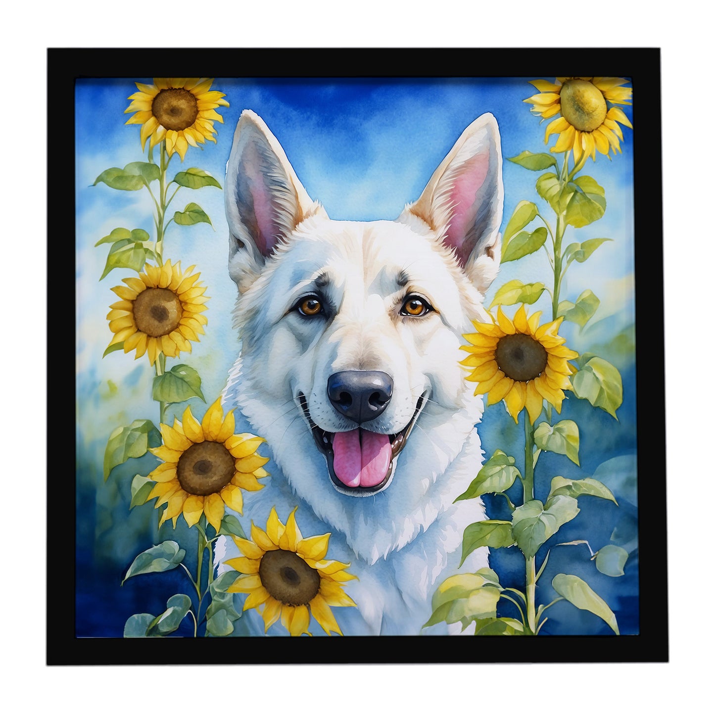 Buy this White German Shepherd in Sunflowers Framed Metal Print