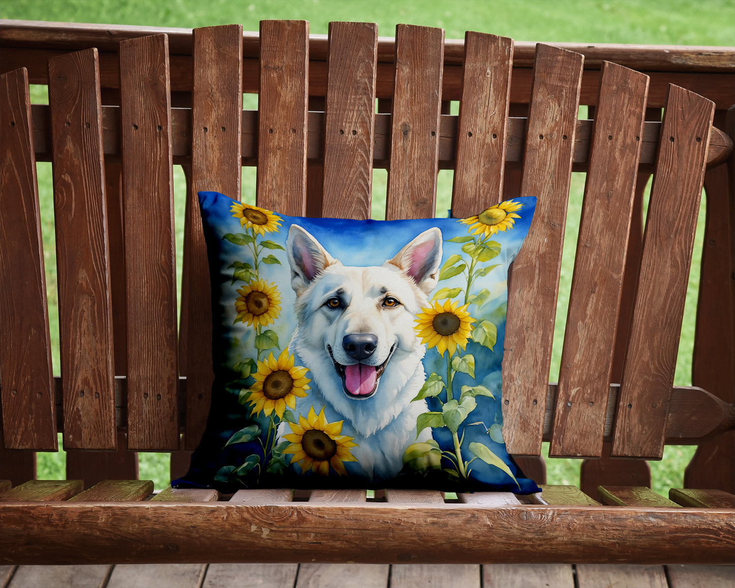 White German Shepherd in Sunflowers Throw Pillow