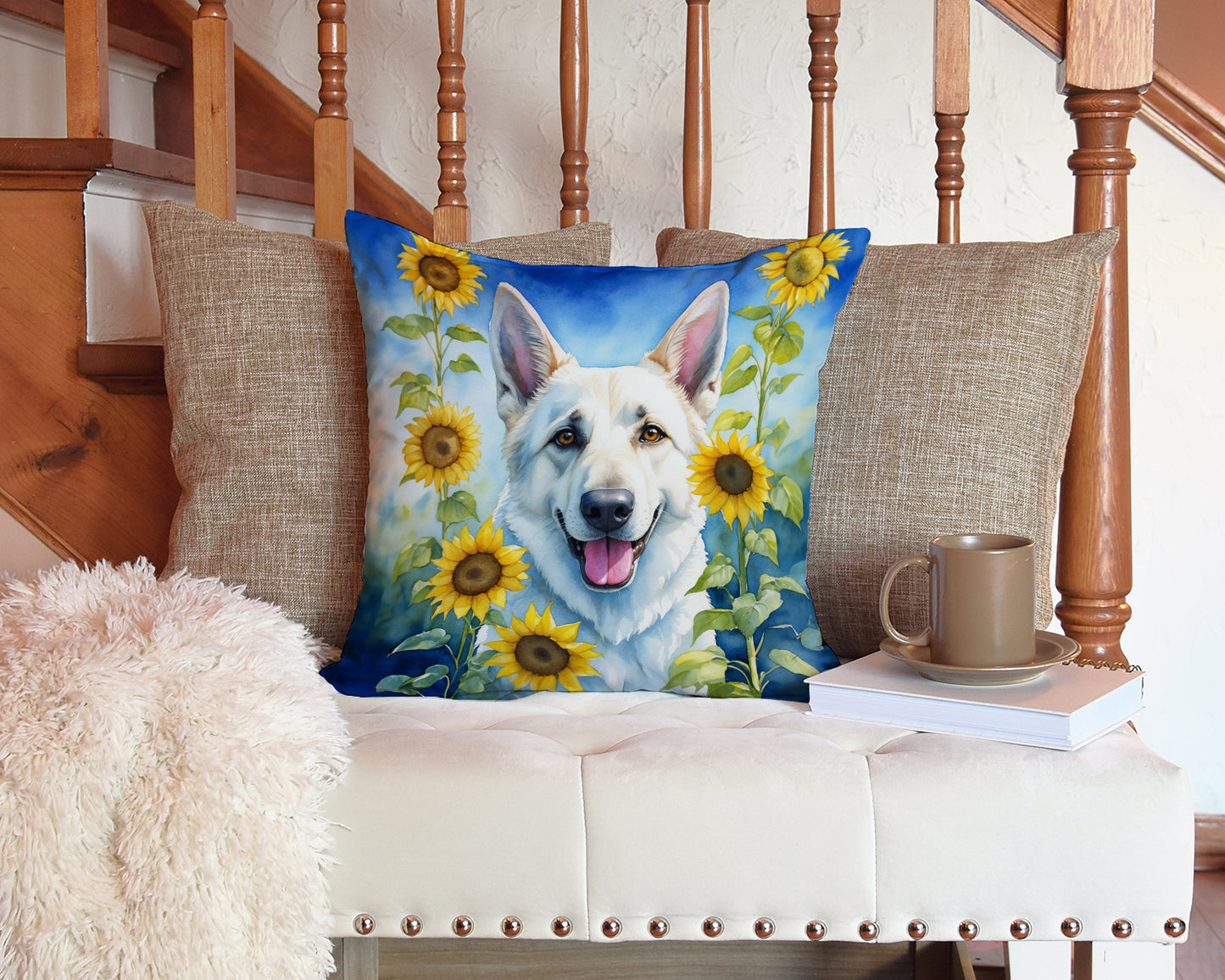 White German Shepherd in Sunflowers Throw Pillow