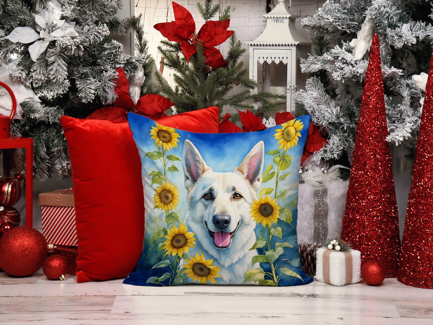 White German Shepherd in Sunflowers Throw Pillow