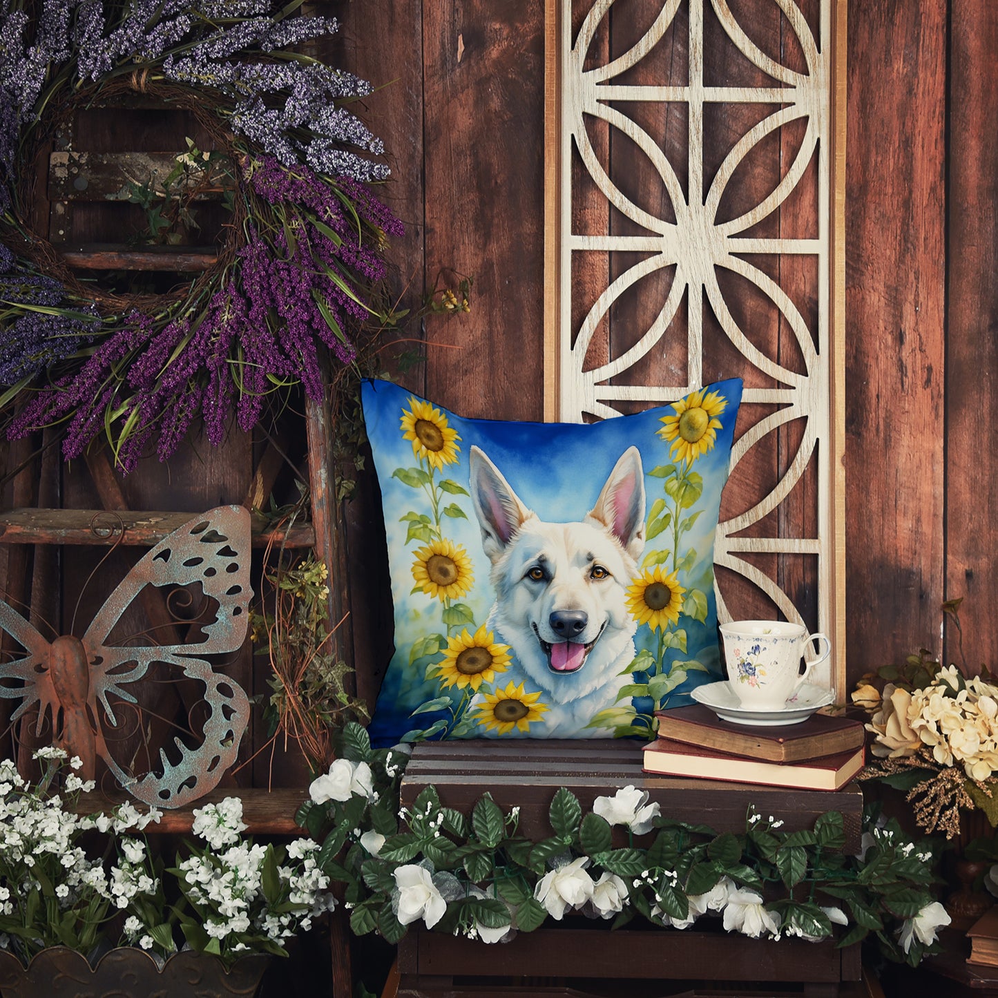 White German Shepherd in Sunflowers Throw Pillow