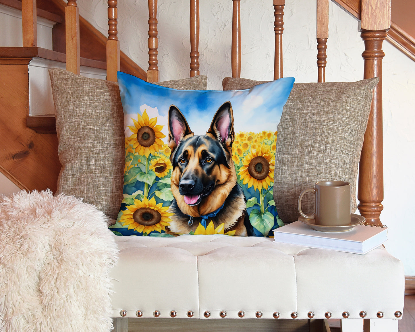 German Shepherd in Sunflowers Throw Pillow