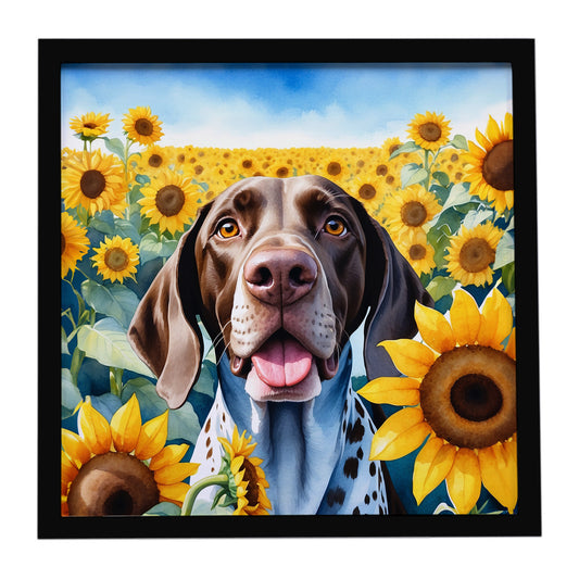 Buy this German Shorthaired Pointer in Sunflowers Framed Metal Print