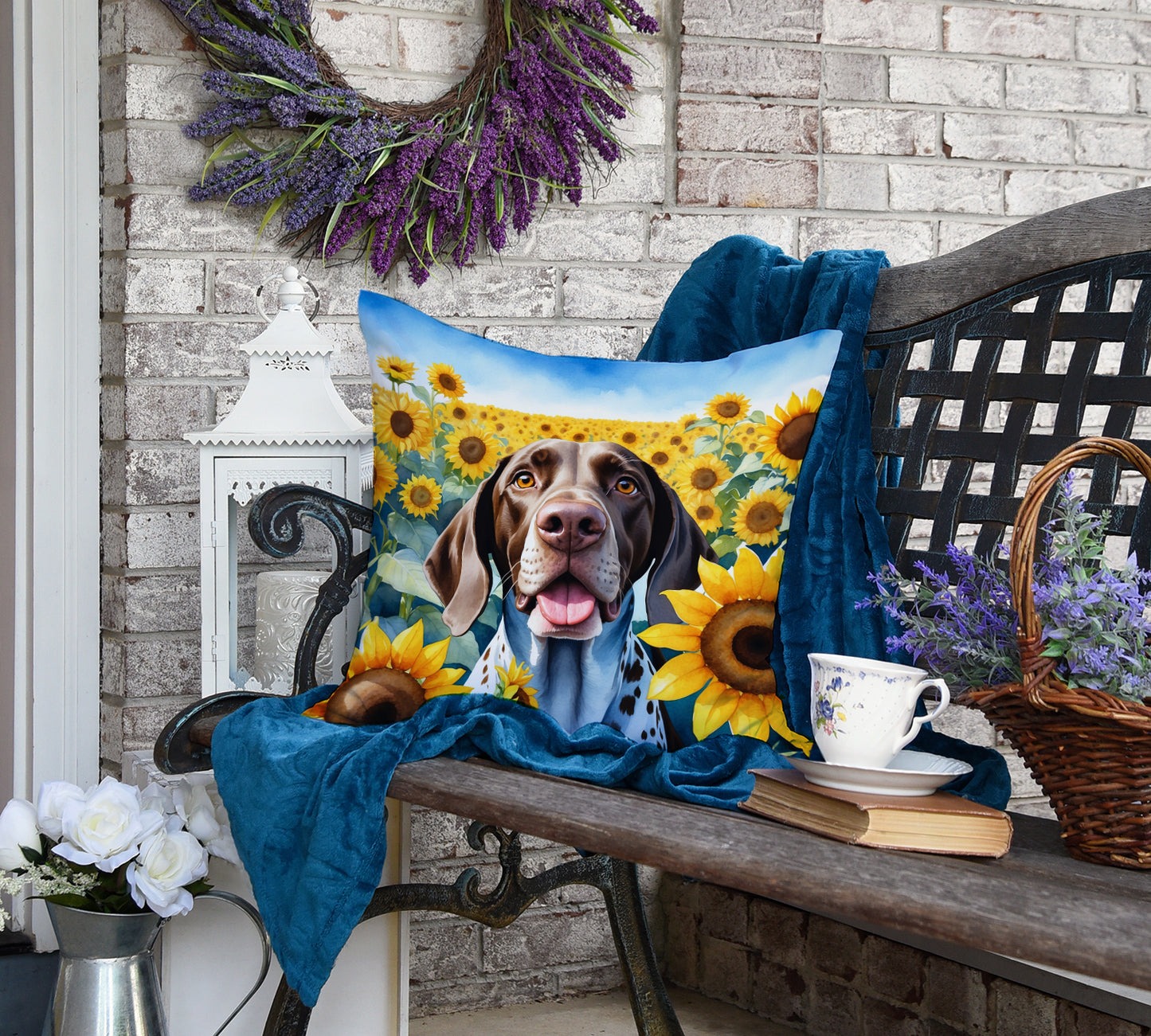 German Shorthaired Pointer in Sunflowers Throw Pillow