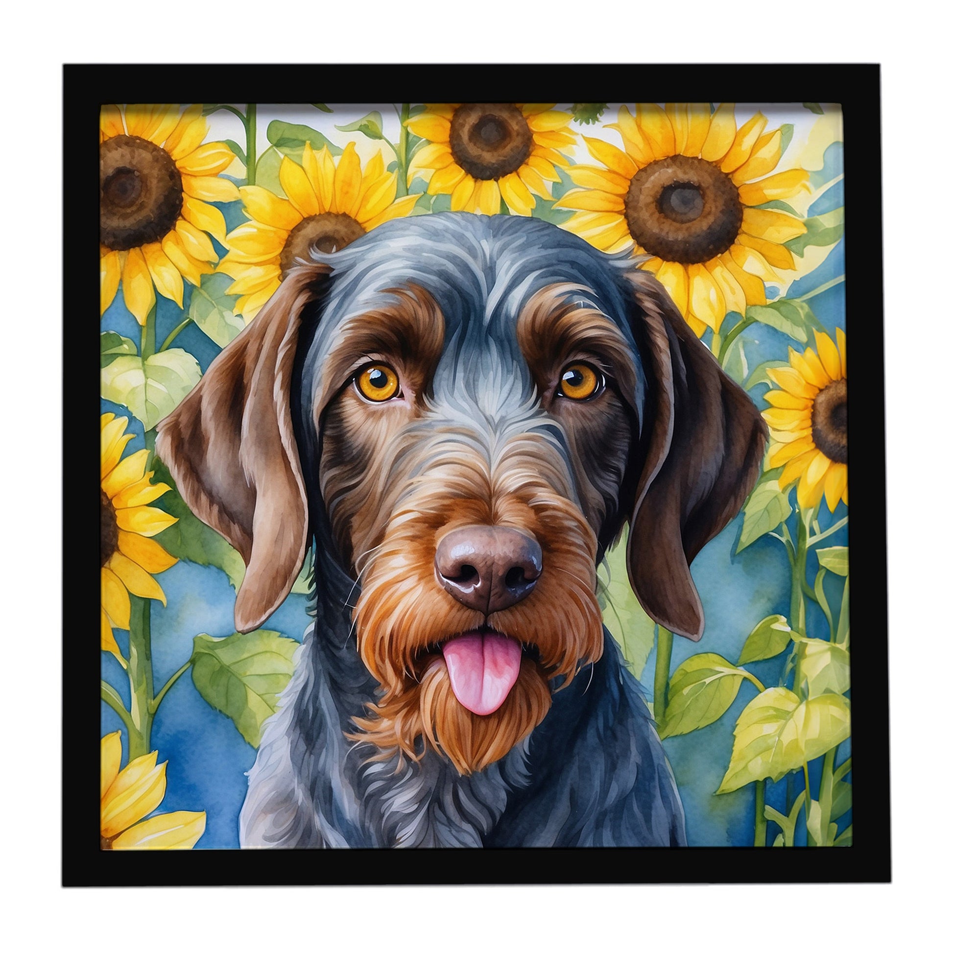 Buy this German Wirehaired Pointer in Sunflowers Framed Metal Print