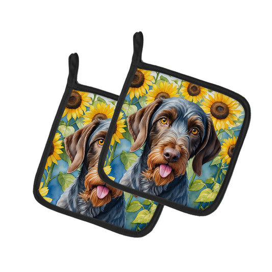 Buy this German Wirehaired Pointer in Sunflowers Pair of Pot Holders