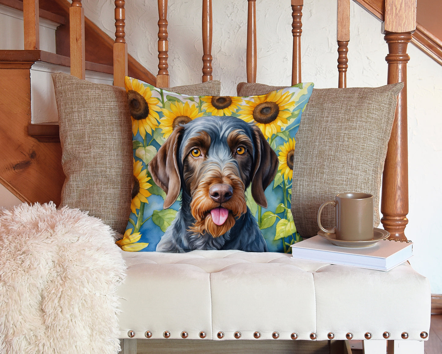 German Wirehaired Pointer in Sunflowers Throw Pillow