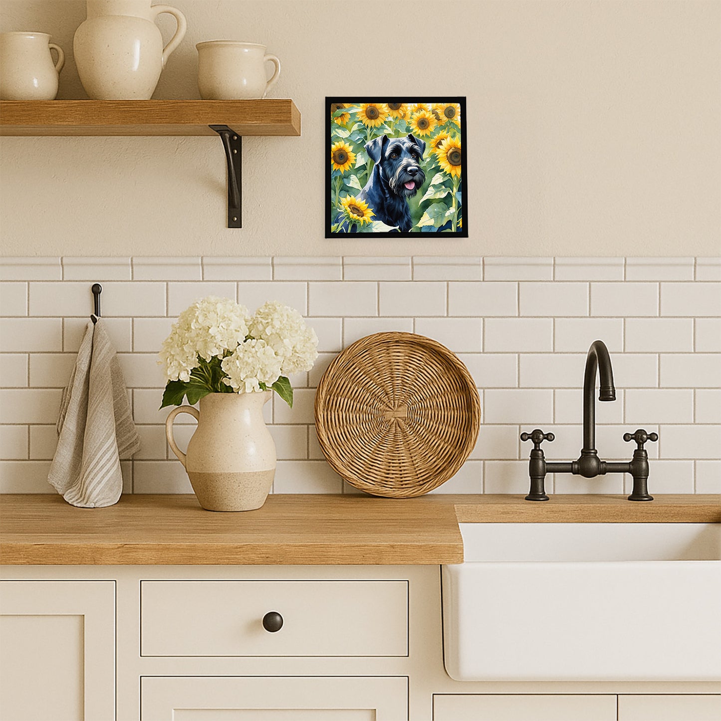 Giant Schnauzer in Sunflowers Framed Metal Print