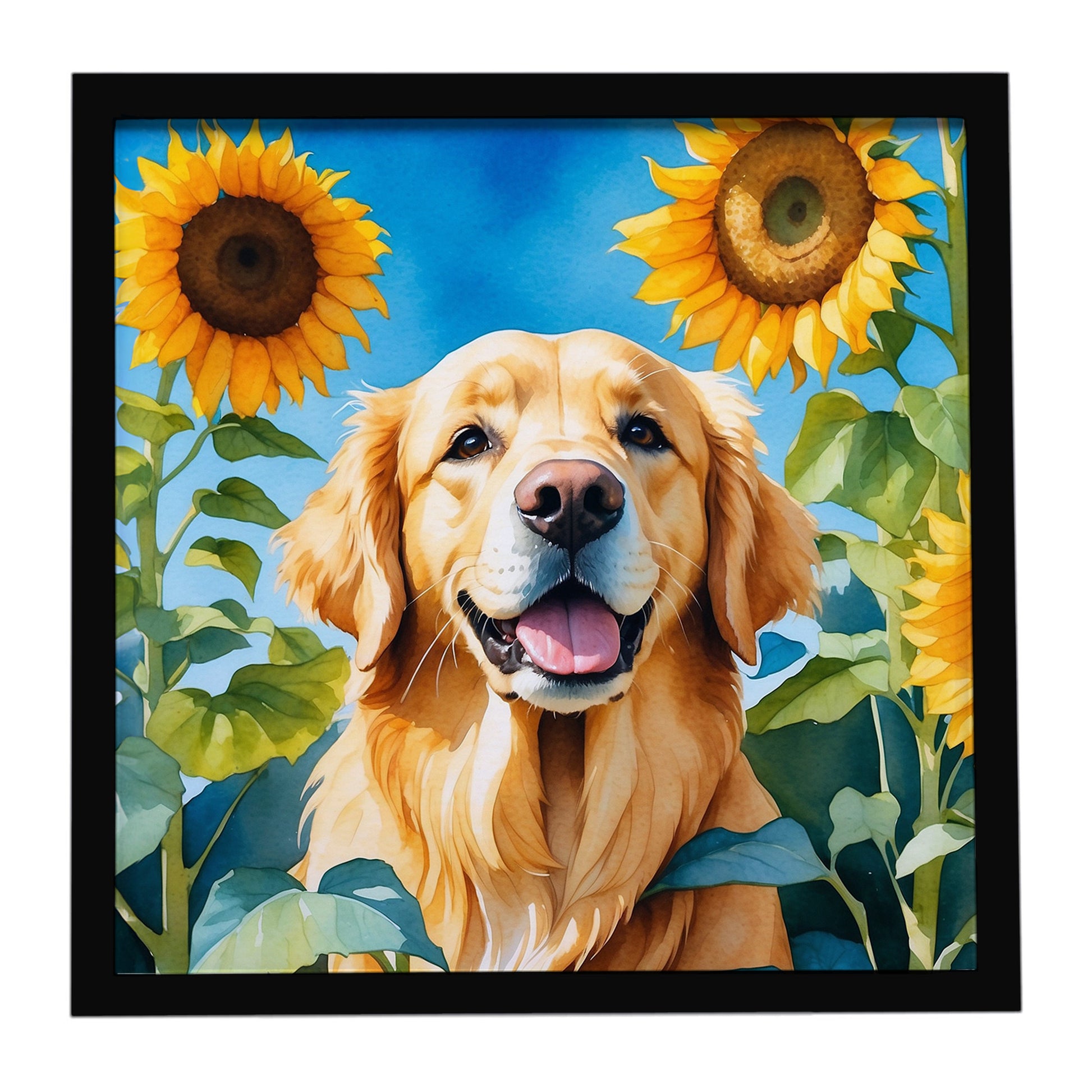 Buy this Golden Retriever in Sunflowers Framed Metal Print