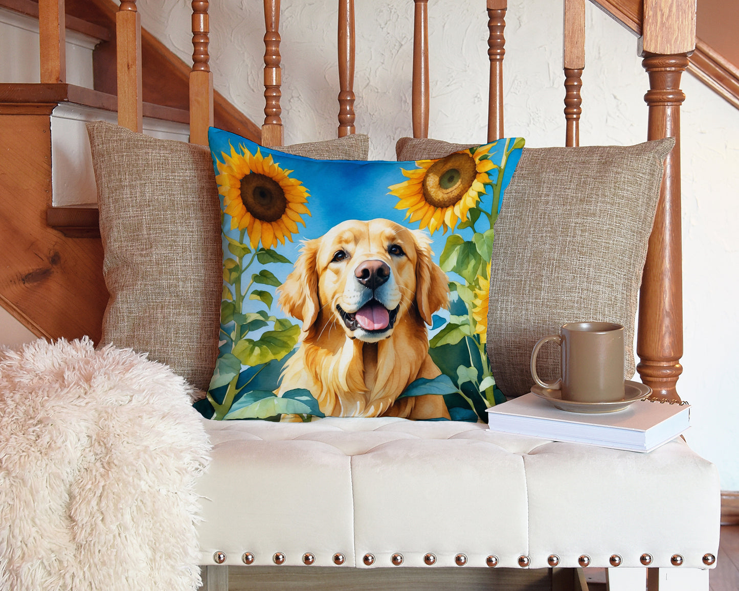 Golden Retriever in Sunflowers Throw Pillow