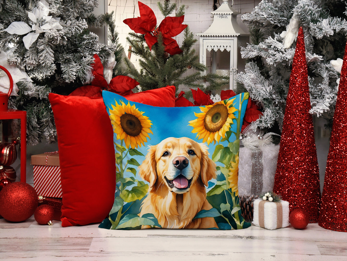 Golden Retriever in Sunflowers Throw Pillow