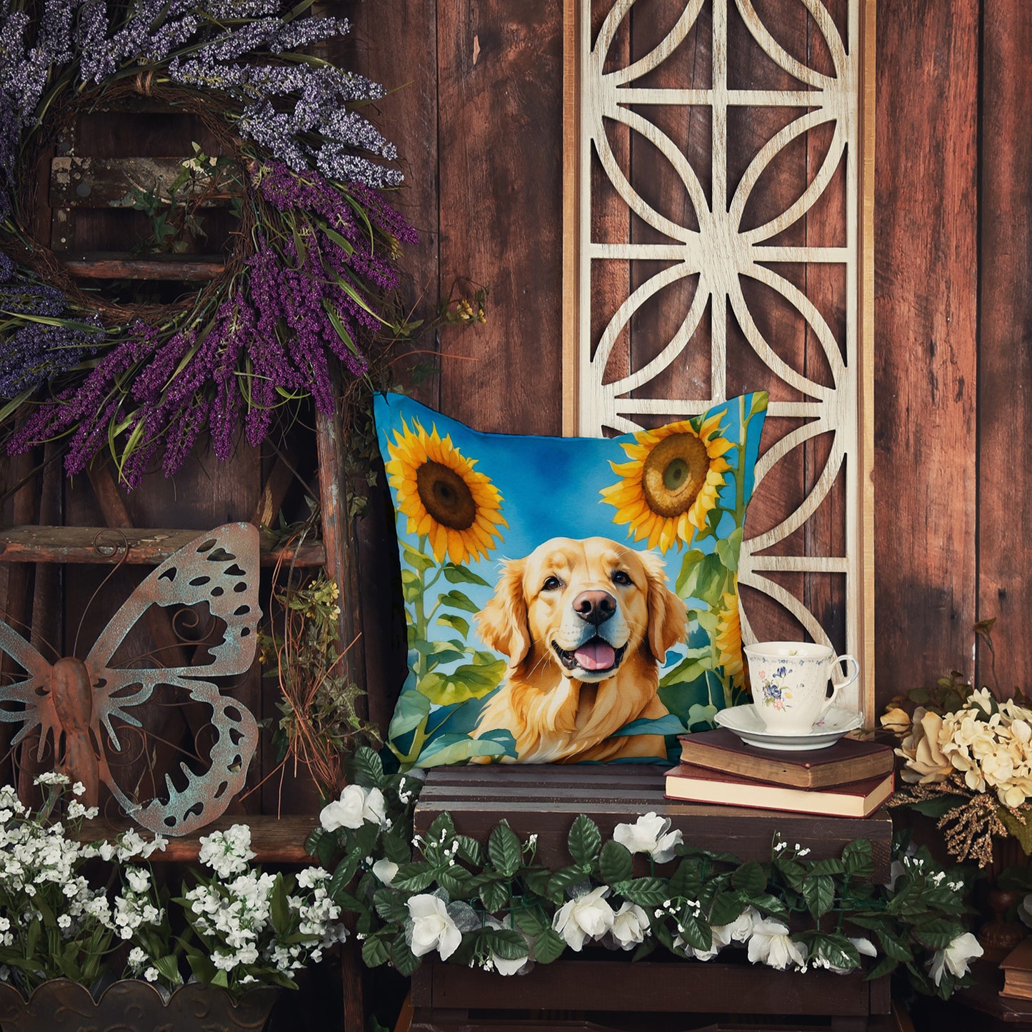 Golden Retriever in Sunflowers Throw Pillow