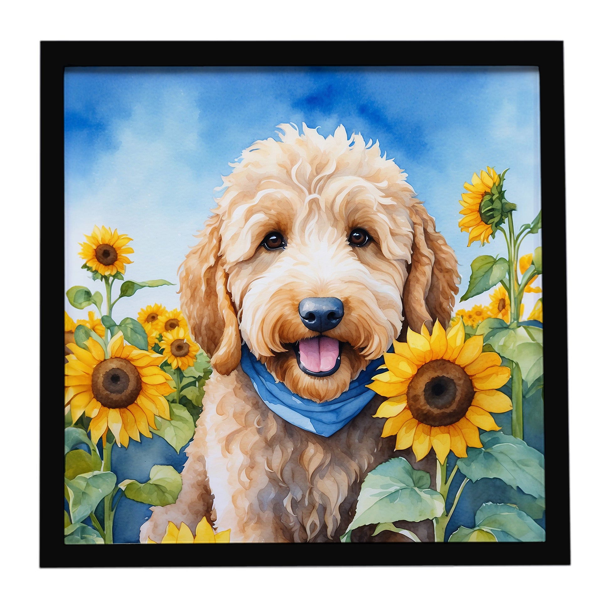 Buy this Goldendoodle in Sunflowers Framed Metal Print