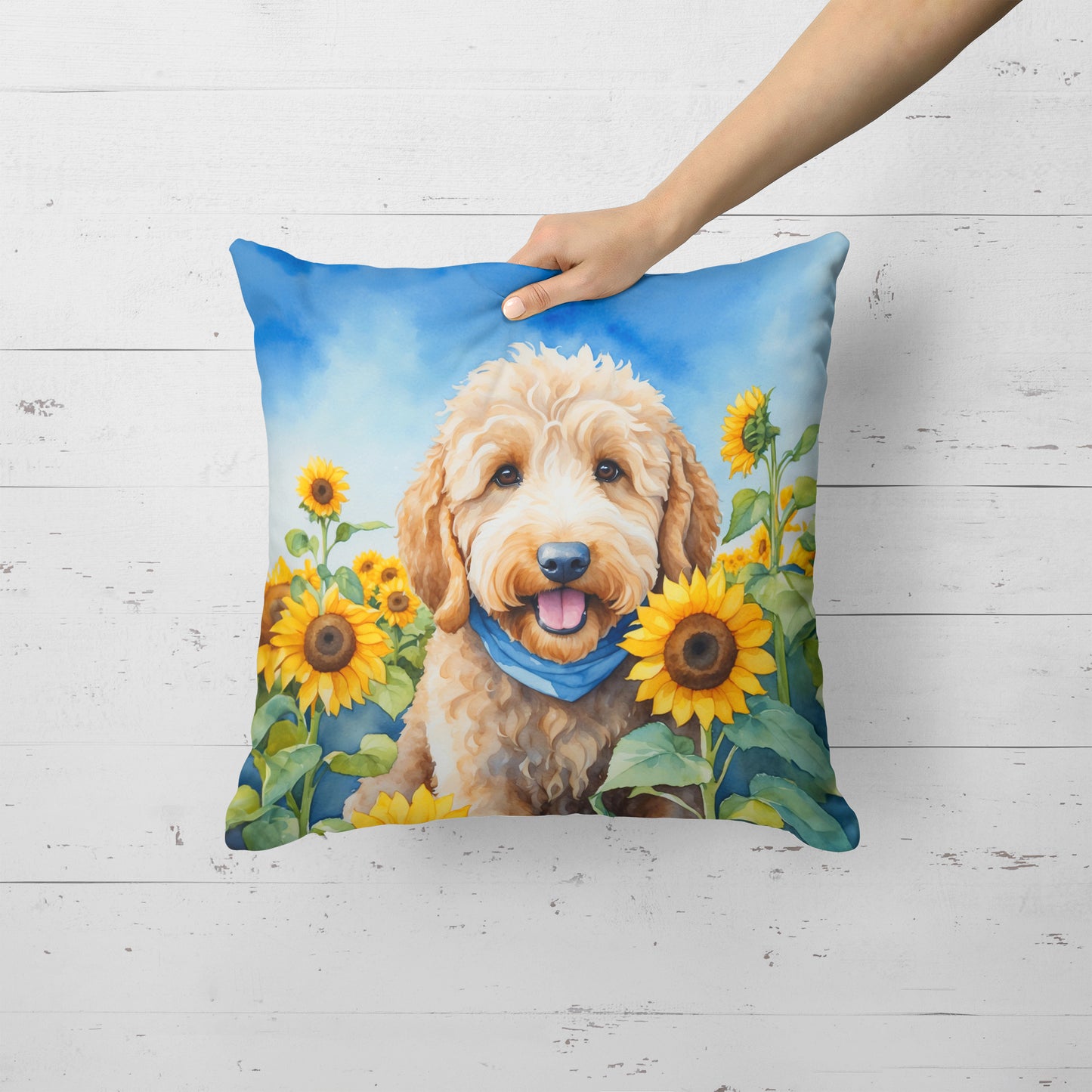 Goldendoodle in Sunflowers Throw Pillow