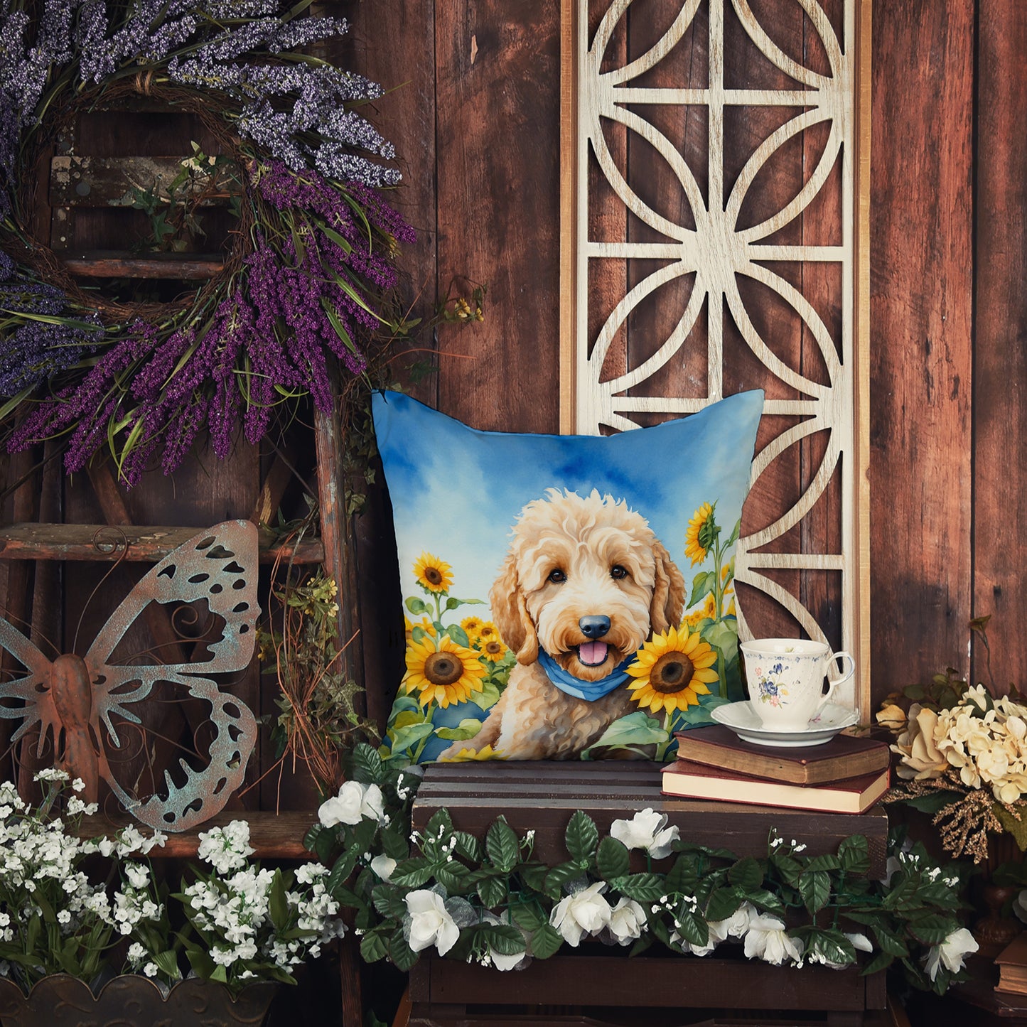 Goldendoodle in Sunflowers Throw Pillow