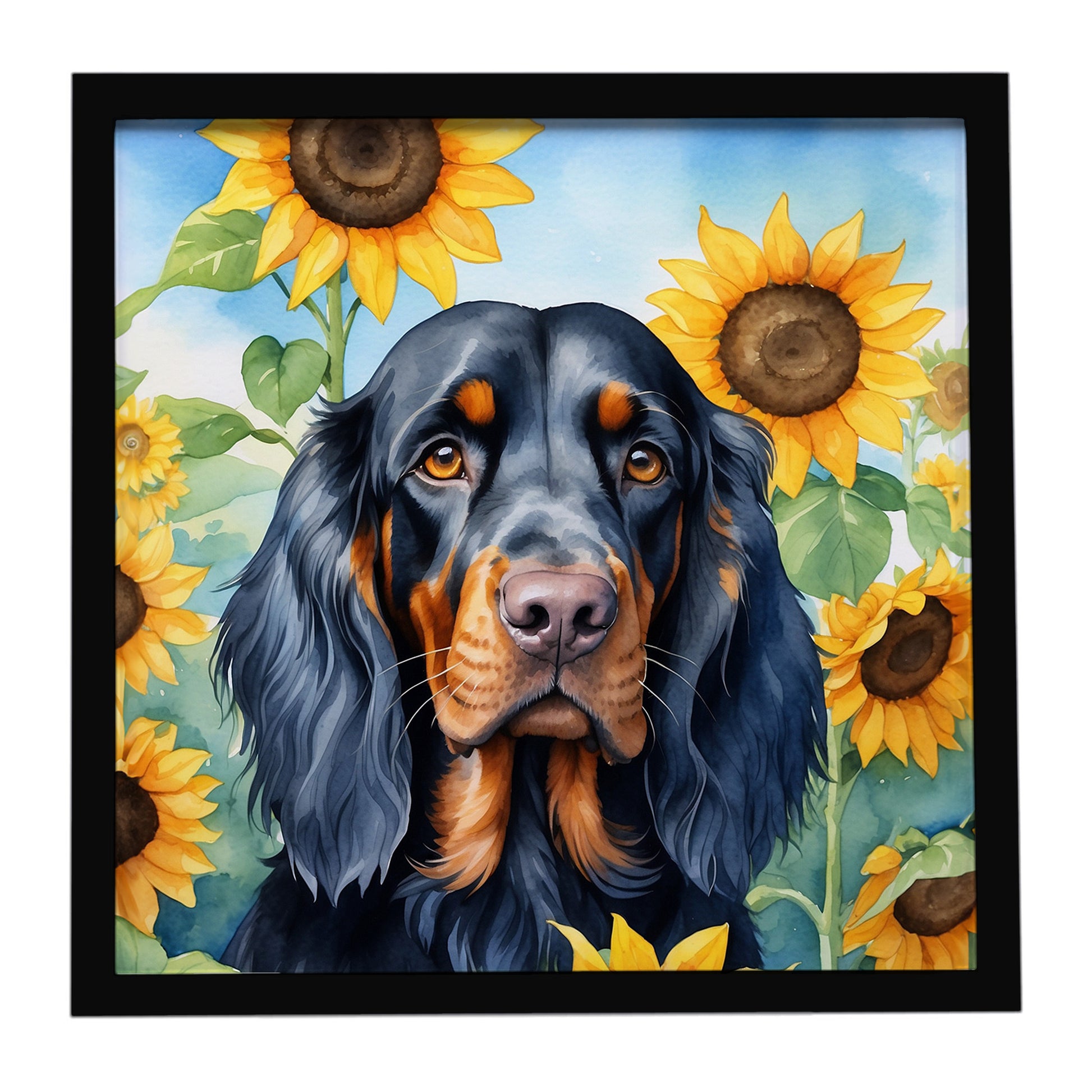 Buy this Gordon Setter in Sunflowers Framed Metal Print