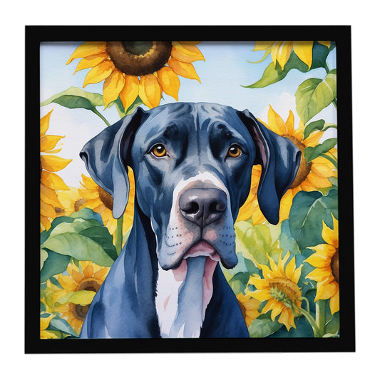 Buy this Great Dane in Sunflowers Framed Metal Print