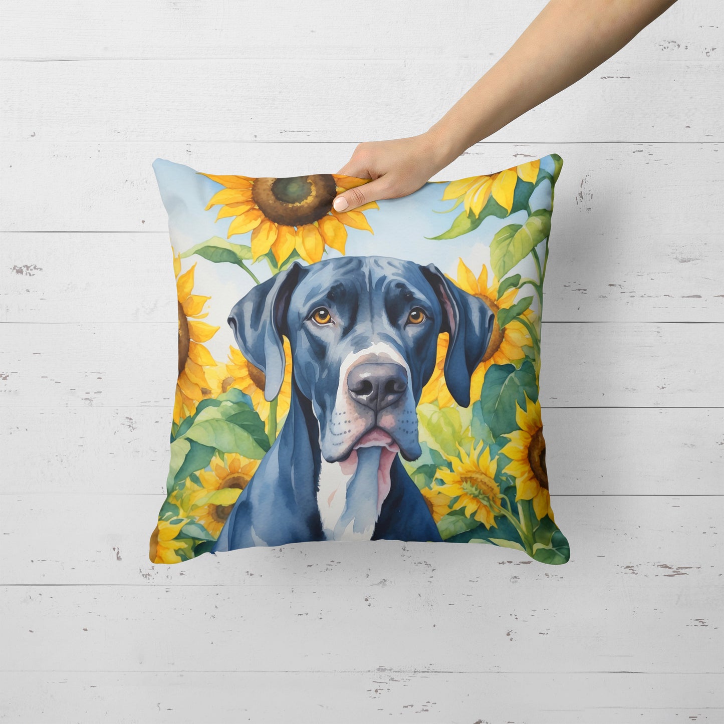 Great Dane in Sunflowers Throw Pillow