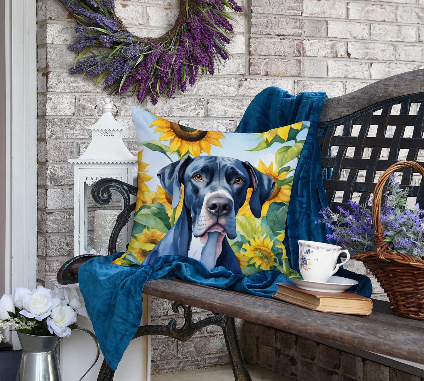 Great Dane in Sunflowers Throw Pillow