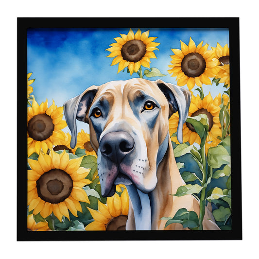 Buy this Great Dane in Sunflowers Framed Metal Print