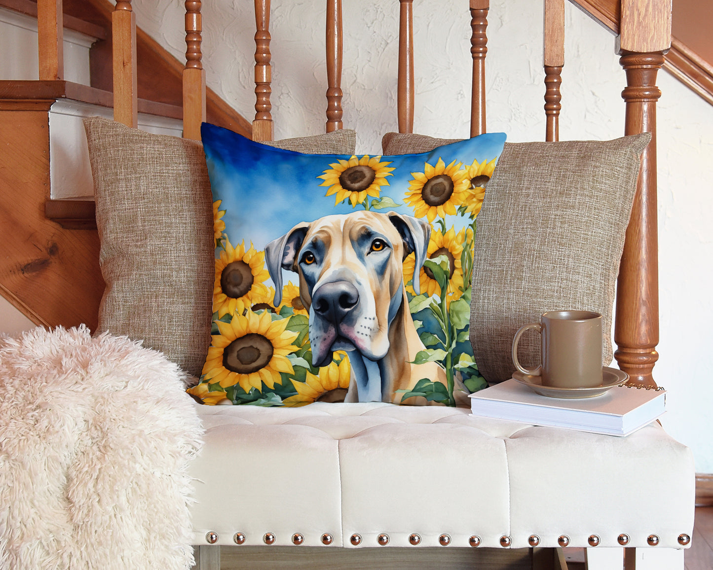 Great Dane in Sunflowers Throw Pillow