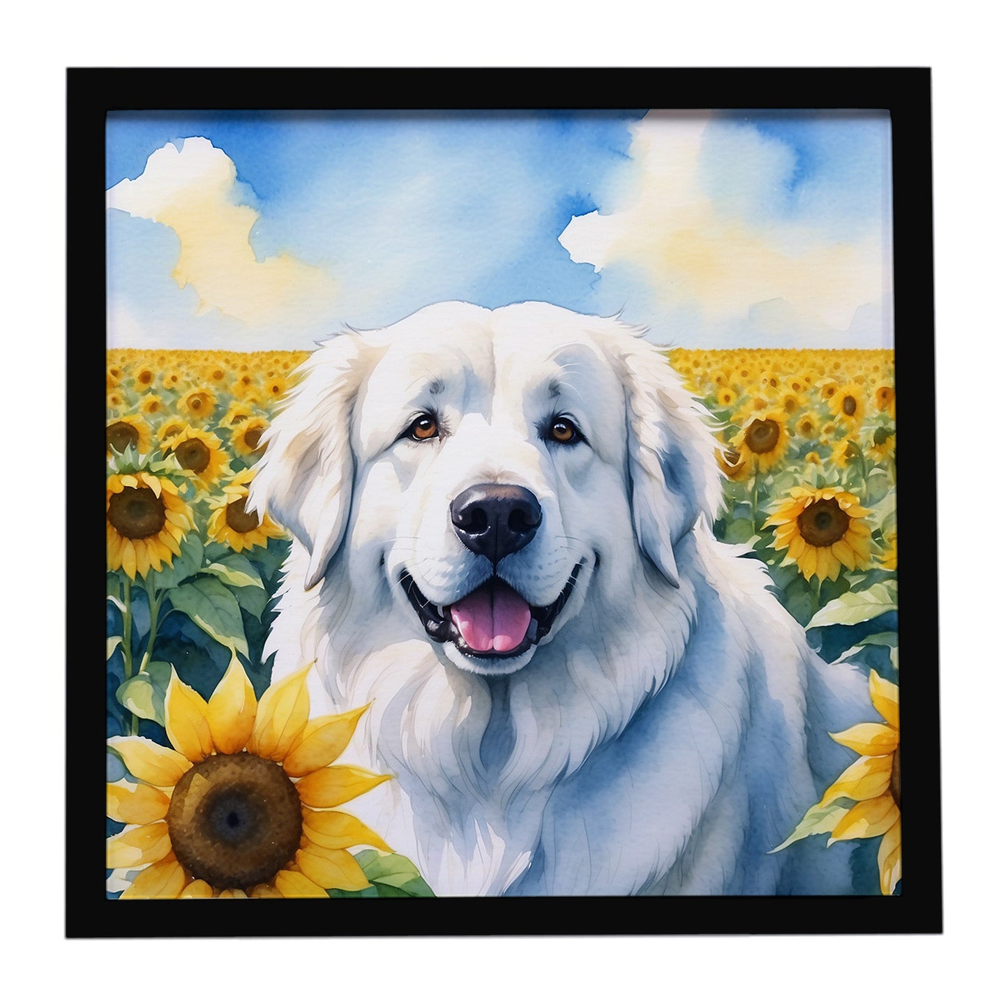 Buy this Great Pyrenees in Sunflowers Framed Metal Print