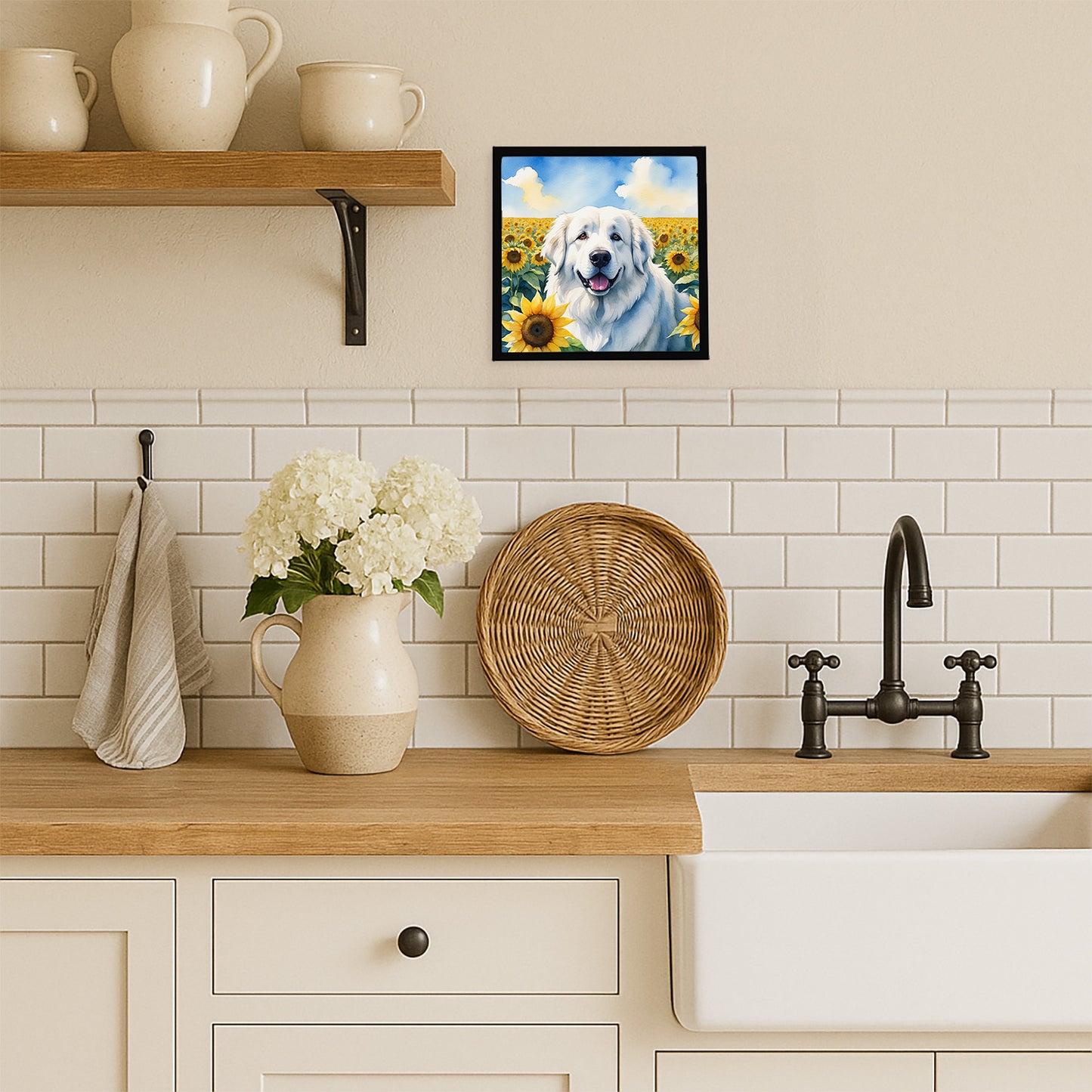 Great Pyrenees in Sunflowers Framed Metal Print