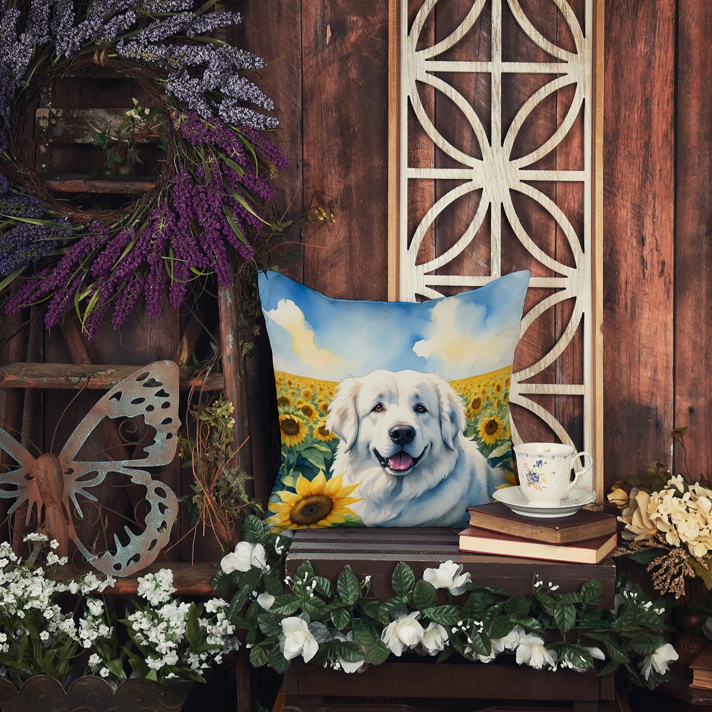 Great Pyrenees in Sunflowers Throw Pillow