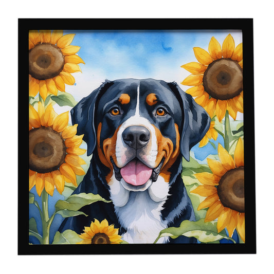 Buy this Greater Swiss Mountain Dog in Sunflowers Framed Metal Print