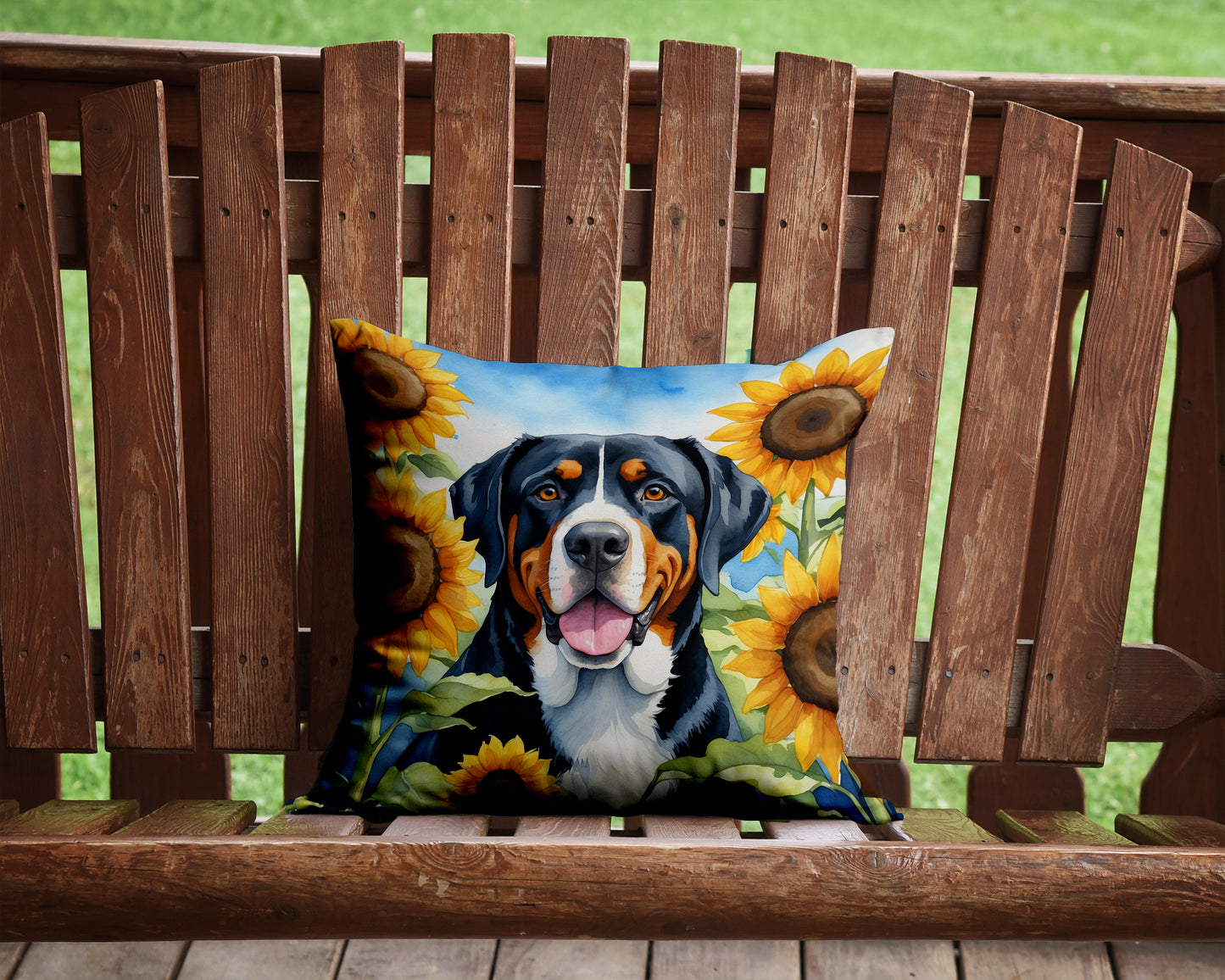 Greater Swiss Mountain Dog in Sunflowers Throw Pillow