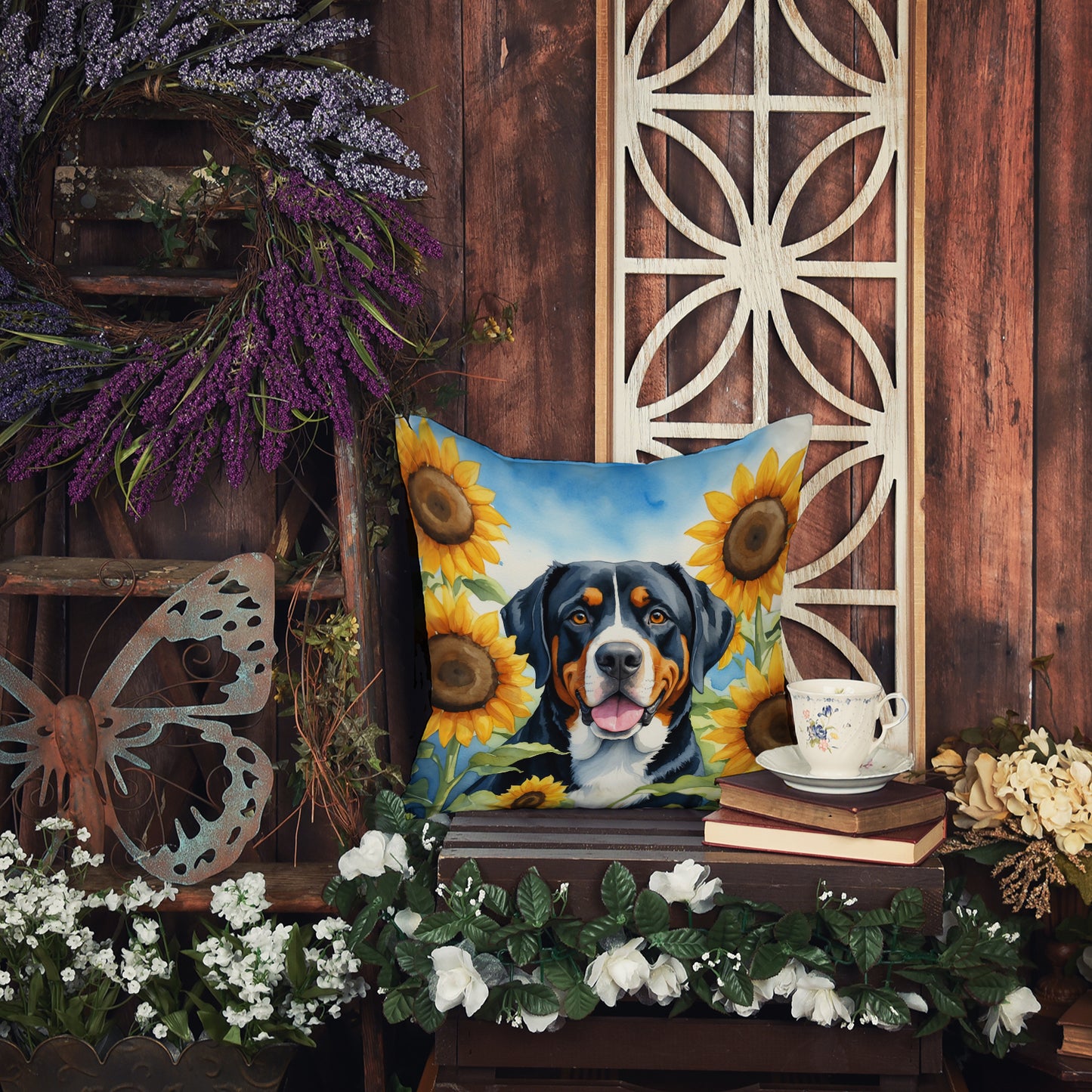 Greater Swiss Mountain Dog in Sunflowers Throw Pillow