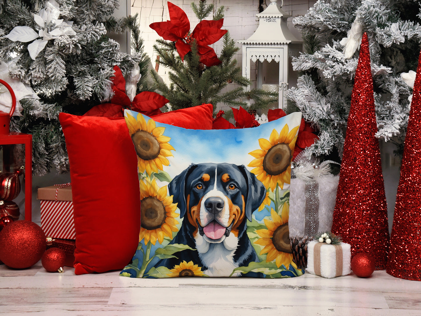 Greater Swiss Mountain Dog in Sunflowers Throw Pillow