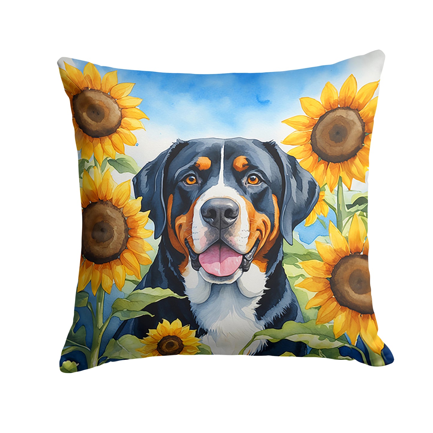 Buy this Greater Swiss Mountain Dog in Sunflowers Throw Pillow