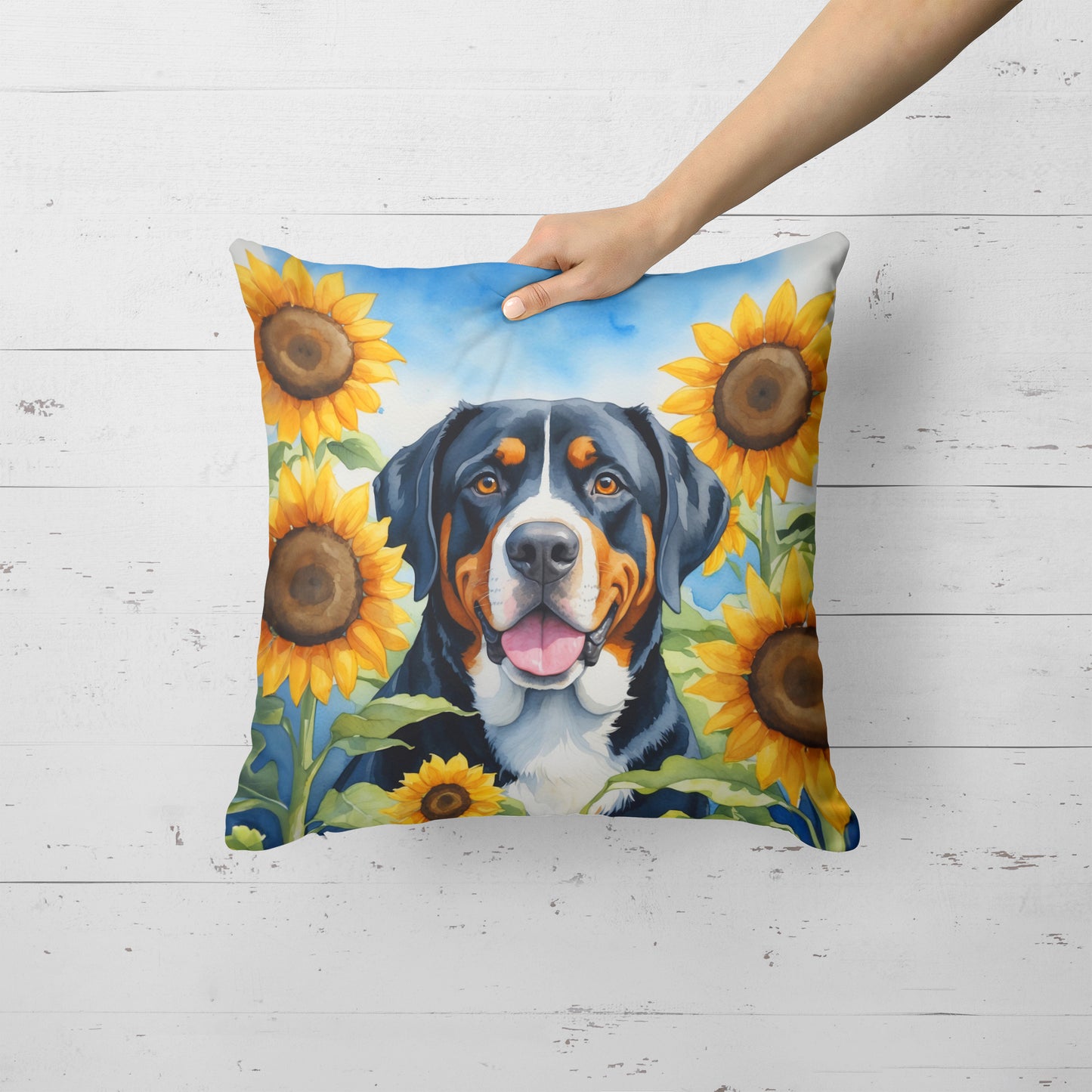 Greater Swiss Mountain Dog in Sunflowers Throw Pillow