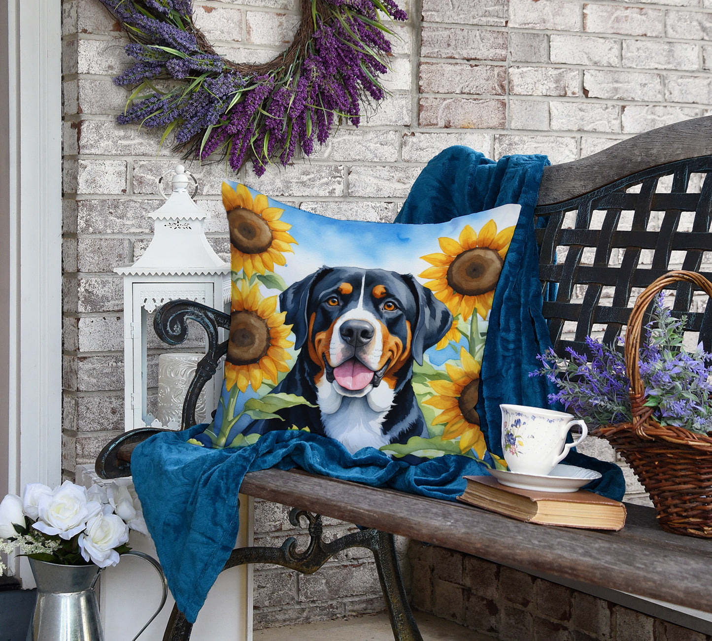 Greater Swiss Mountain Dog in Sunflowers Throw Pillow