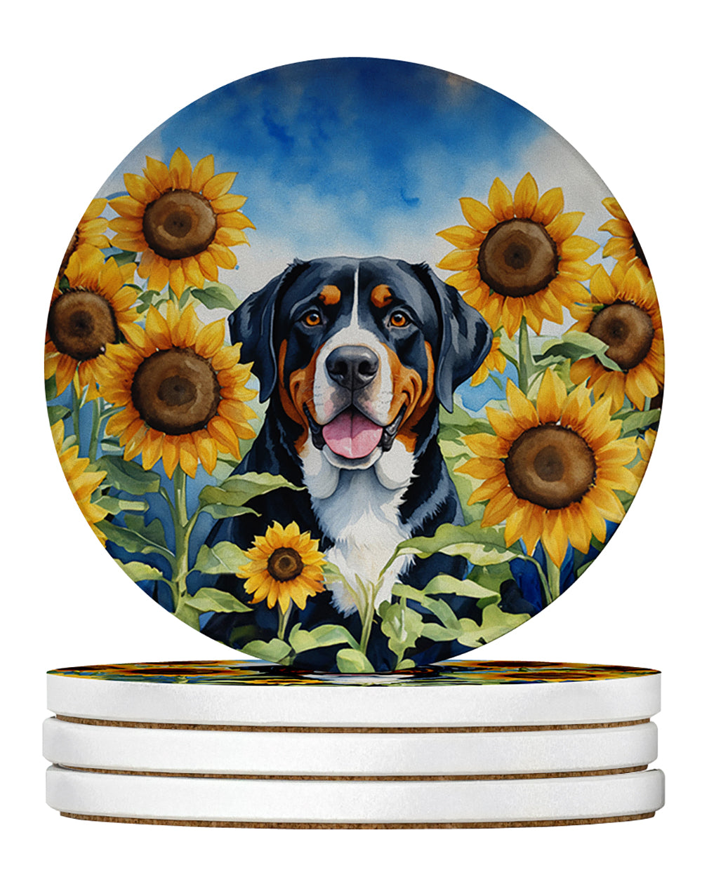 Buy this Greater Swiss Mountain Dog in Sunflowers Large Sandstone Coasters Pack of 4