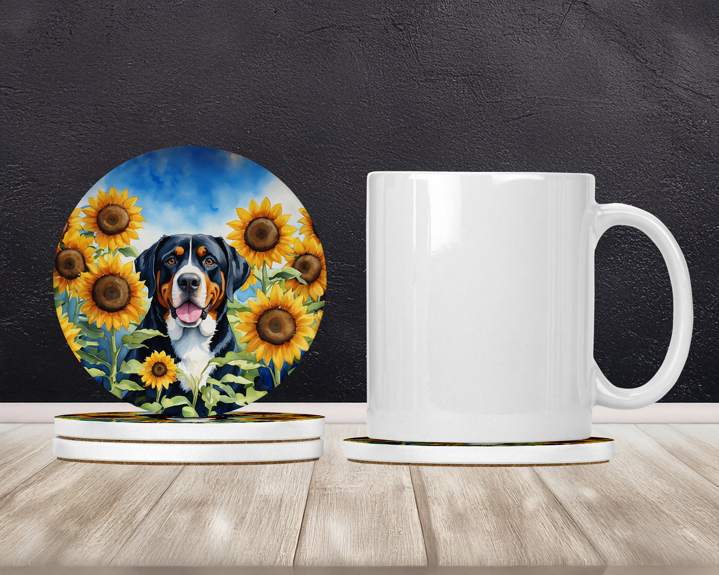 Greater Swiss Mountain Dog in Sunflowers Large Sandstone Coasters Pack of 4