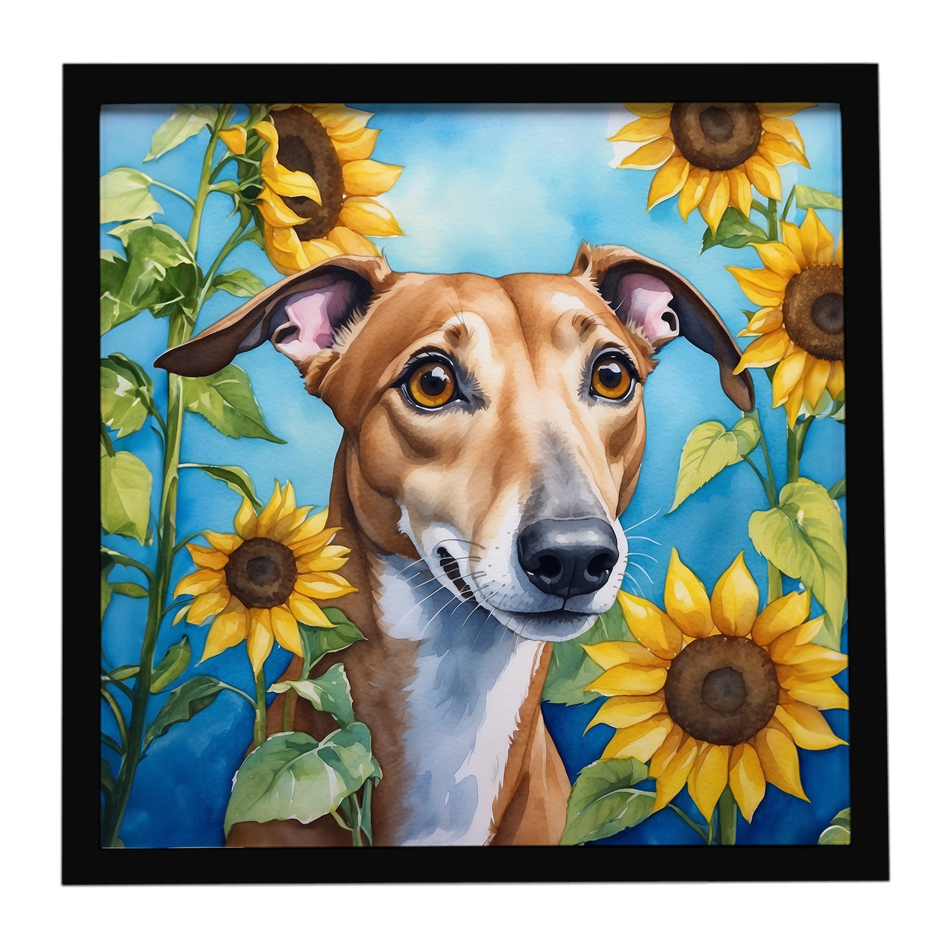 Buy this Greyhound in Sunflowers Framed Metal Print