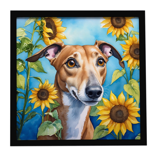 Buy this Greyhound in Sunflowers Framed Metal Print