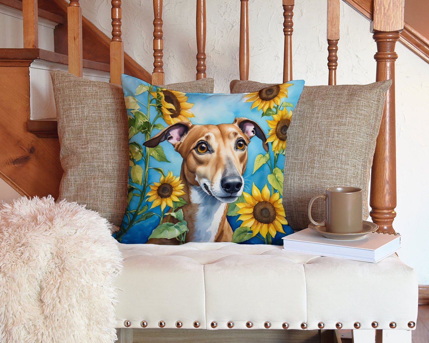 Greyhound in Sunflowers Throw Pillow