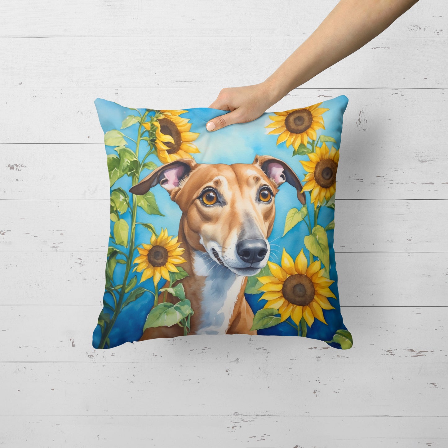 Greyhound in Sunflowers Throw Pillow