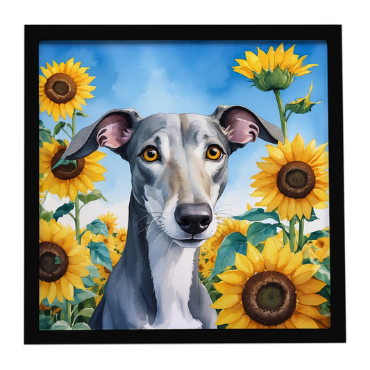Buy this Greyhound in Sunflowers Framed Metal Print
