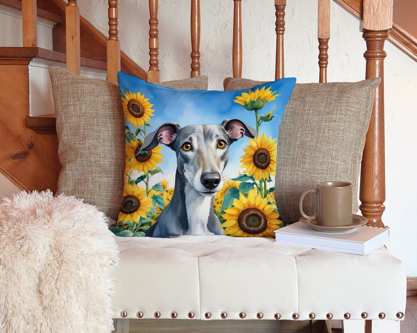 Greyhound in Sunflowers Throw Pillow