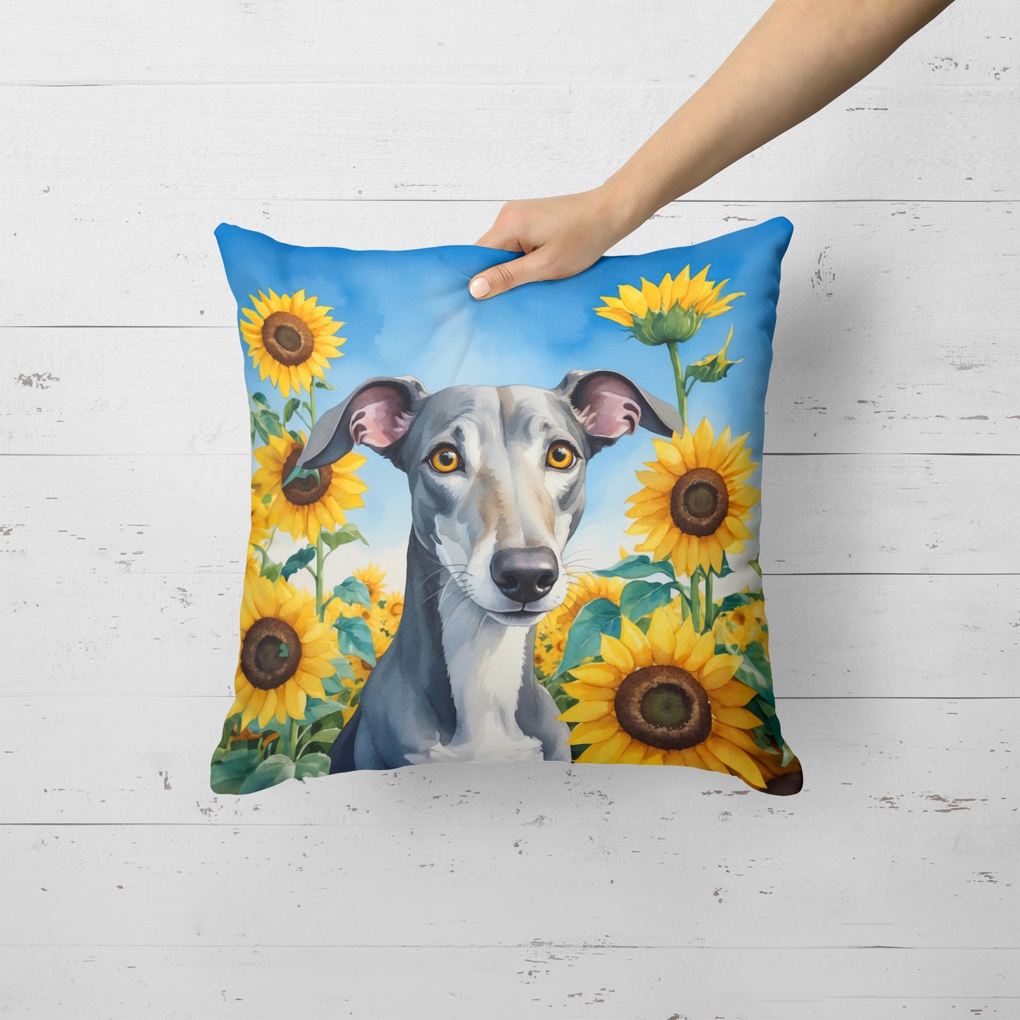 Greyhound in Sunflowers Throw Pillow