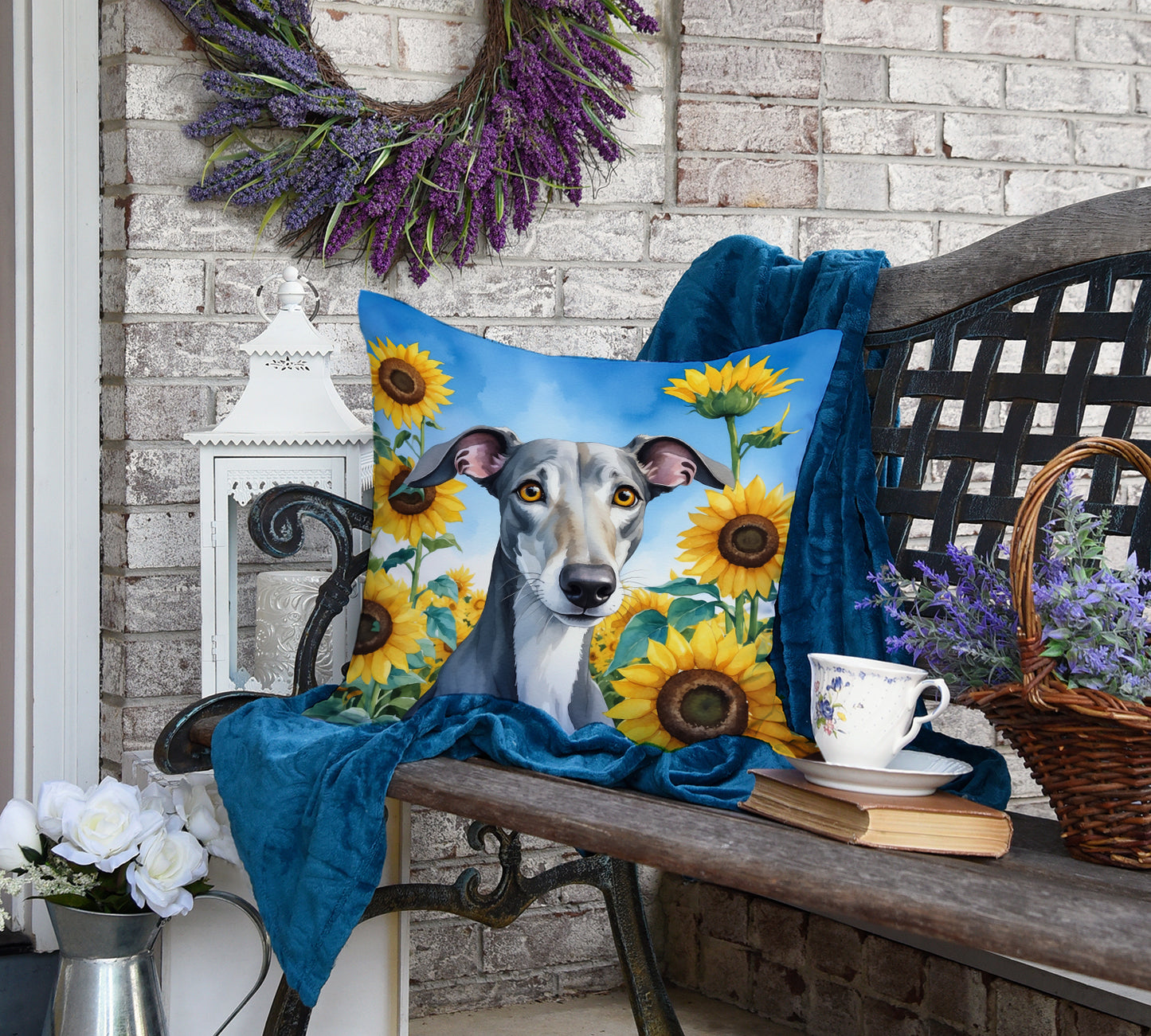 Greyhound in Sunflowers Throw Pillow