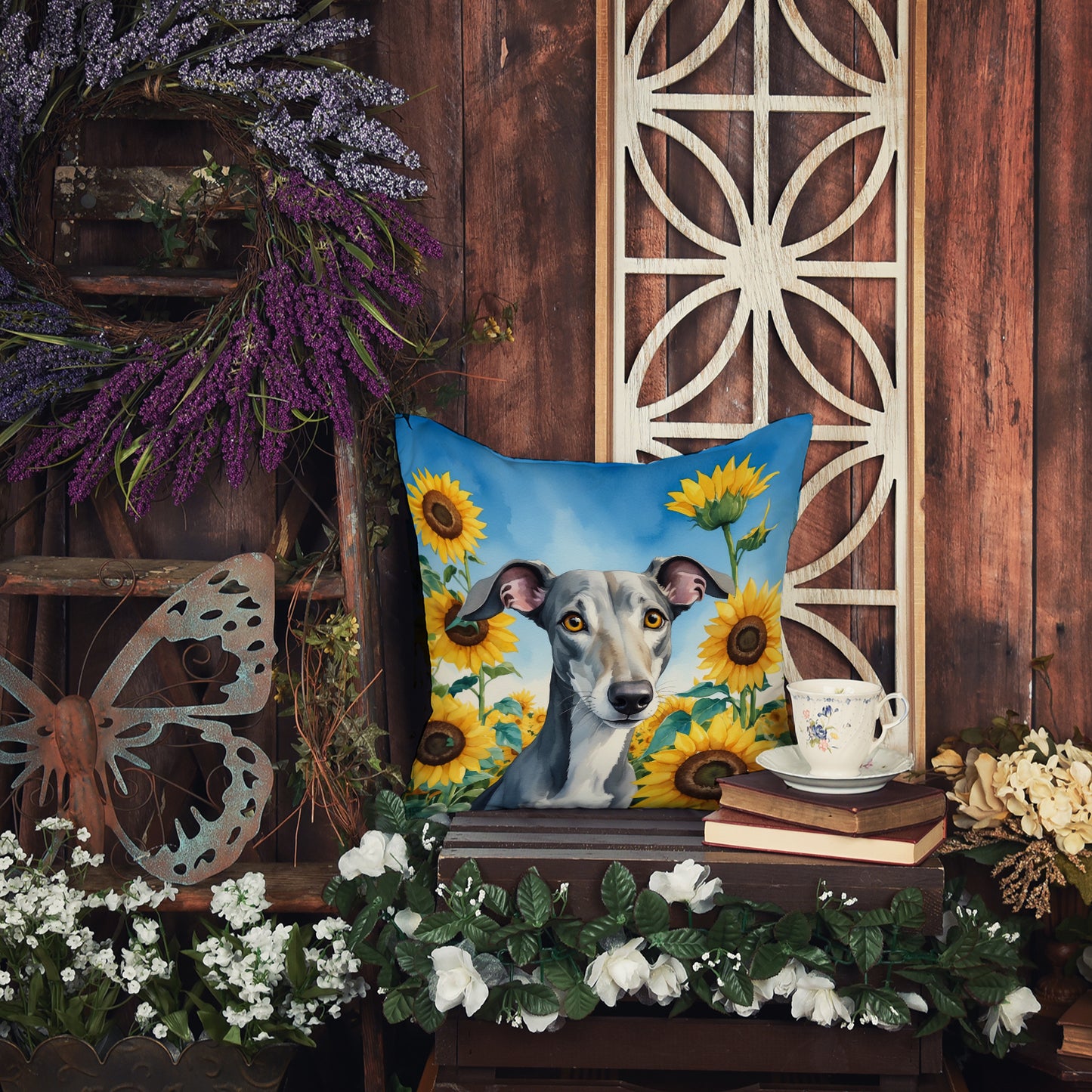 Greyhound in Sunflowers Throw Pillow