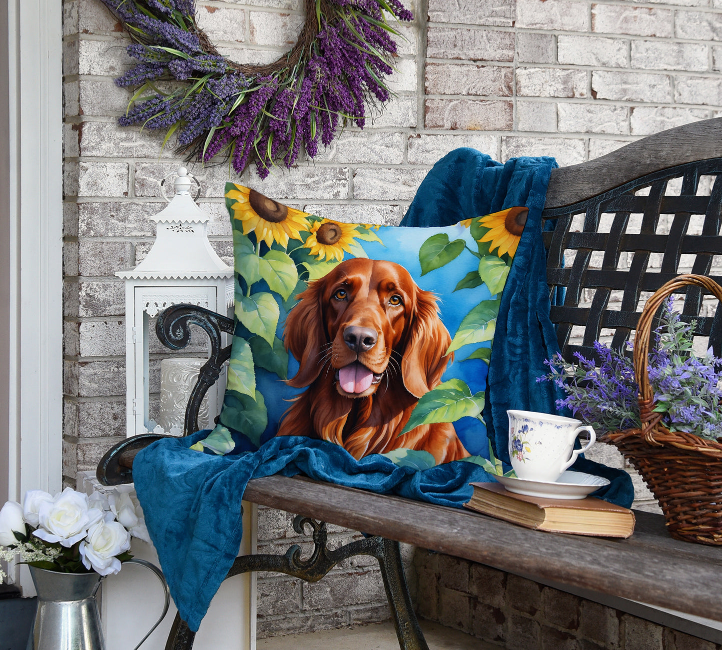 Irish Setter in Sunflowers Throw Pillow